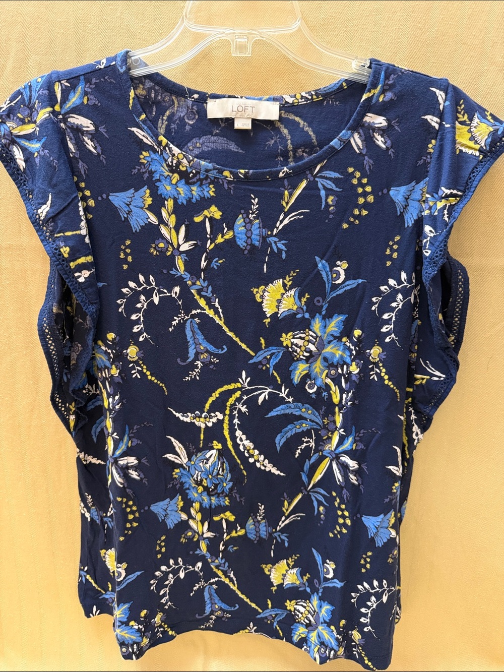 LOFT Navy Floral Ruffle Sleeve Top